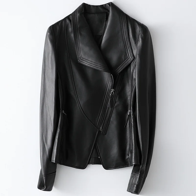 Chaqueta de cuero de motocicleta para mujer, abrigo de piel de oveja Natural auténtica, abrigo corto negro para primavera