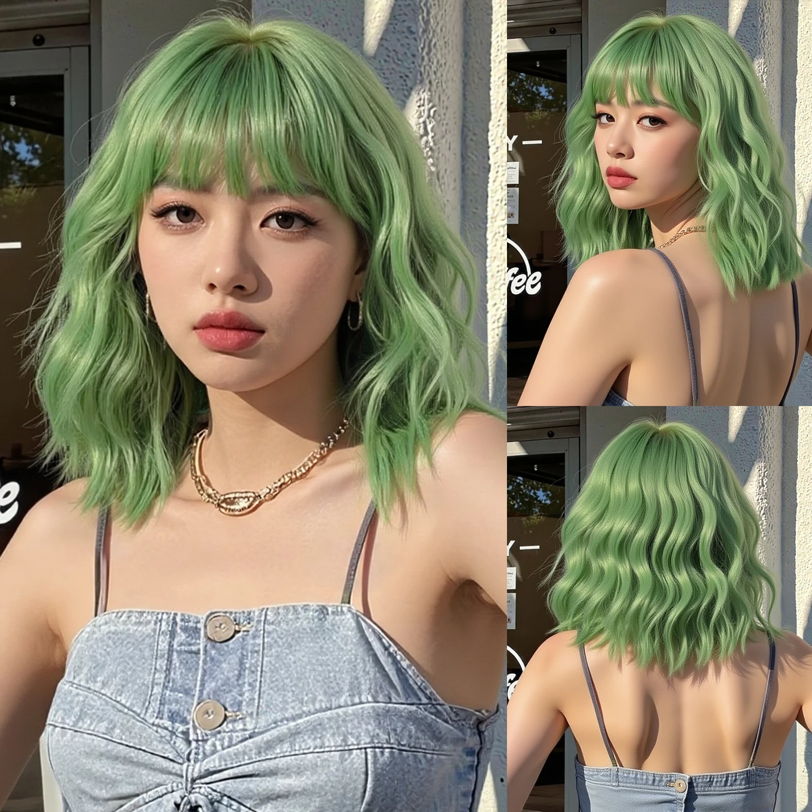 

Avocado Green Synthetic Wigs Short Wavy Bob Wig For Women Heat Resistant Cosplay Daily Use Natural Hair with Bangs Lolita Wig