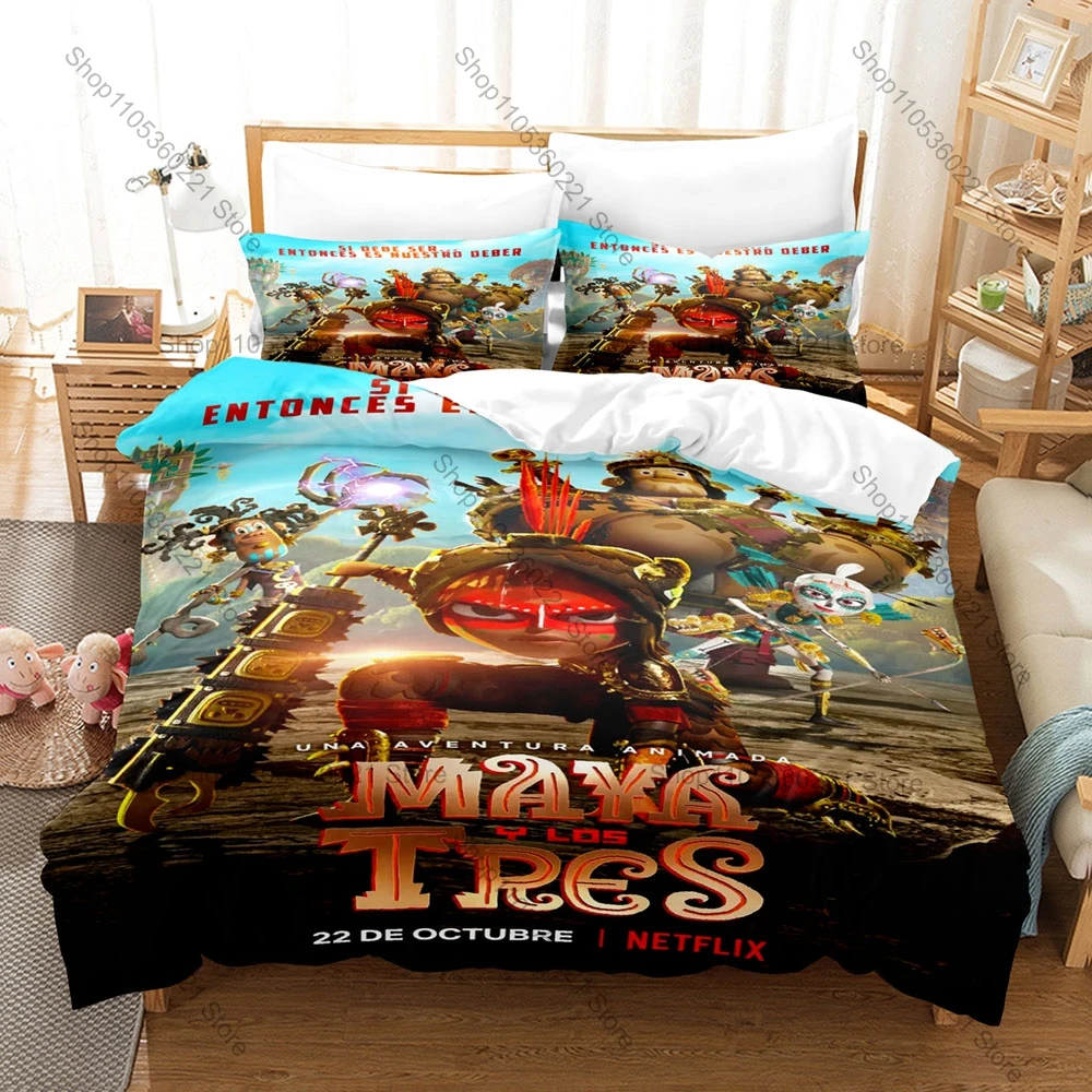 Cool Maya and the Three Duvet Cover + 2 Pillowcases Ancient Jungle Adventure Scene Print Washable Polyester Bed Linen Cartoon Gi