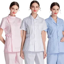 Weiße kurze Peelings Top Krankens ch wester Uniformen Set Labor kittel Arzt Uniform Frauen medizinische Kleidung rosa Schönheits salon Langarm Kleidung