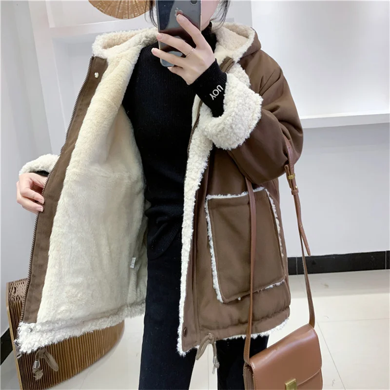 

2022 New Coat Korean Version Hooded Loose Cotton Coat Autumn and Winter New Women's Lamb Wool Tooling Parka Cotton Coat Commuter