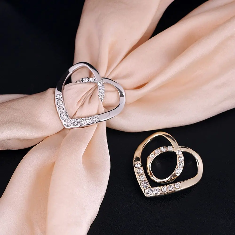 Women Gift Elegant Love Heart Three-ring Crystal Scarf Buckle Brooch Shawl Clip Scarf Ring