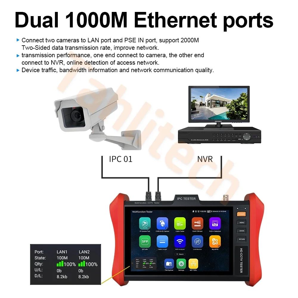 IPC Tester POE++ 90W SFP 4K IP Camera Test 8MP AHD/TVI/CVI CCTV Tester HDMI & VGA input  camera monitor