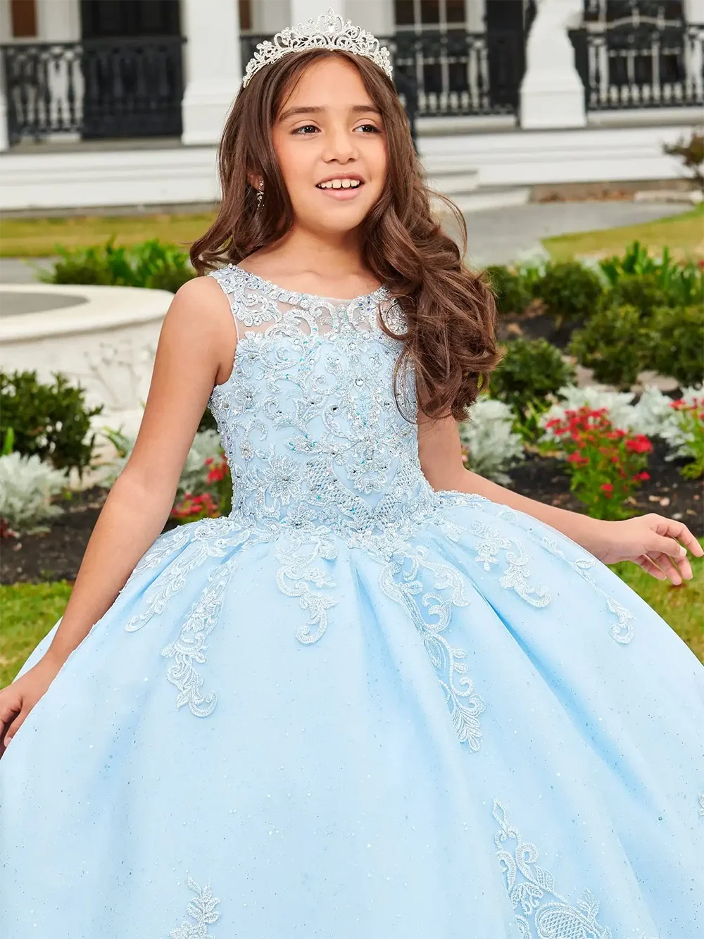 Himmelblaue Tüll Pailletten Kinder Geburtstags feier Ballkleider geschwollene Applikation Blumen mädchen Kleid für Hochzeit Erstkommunion Kleider