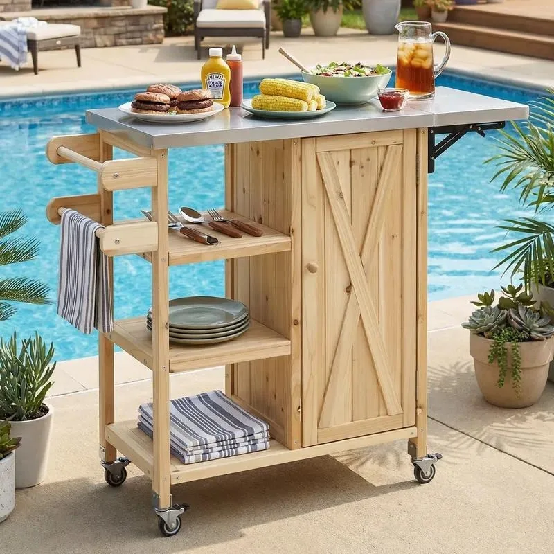 Foldable Modern Outdoor Kitchen Island Trolley with Lockable Wheels Locker and Towel Rack White Brown Durable