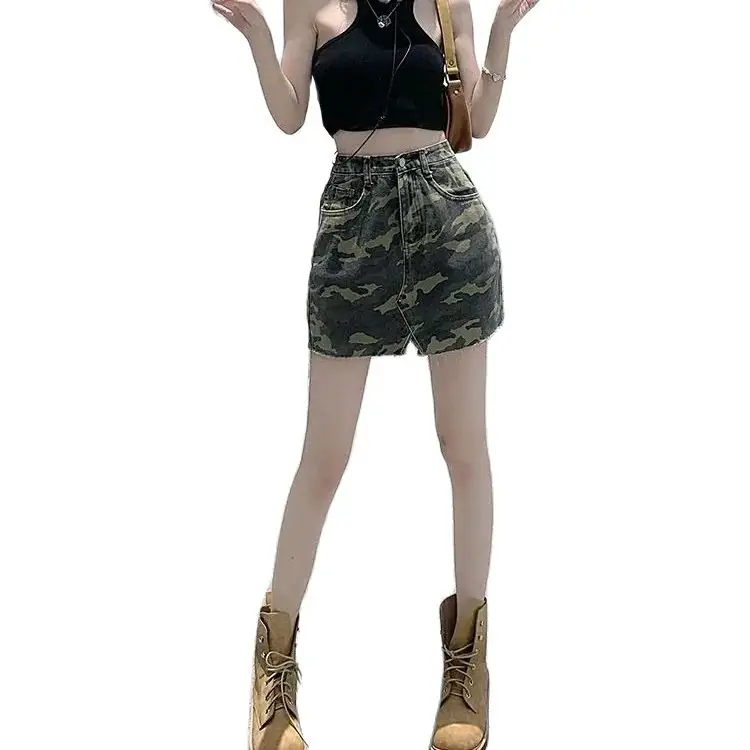 Denim Skirt Split Camouflage With Pockets High Street Woman 2024 Summer Skirt Women American Retro High Waist Mini Skirts