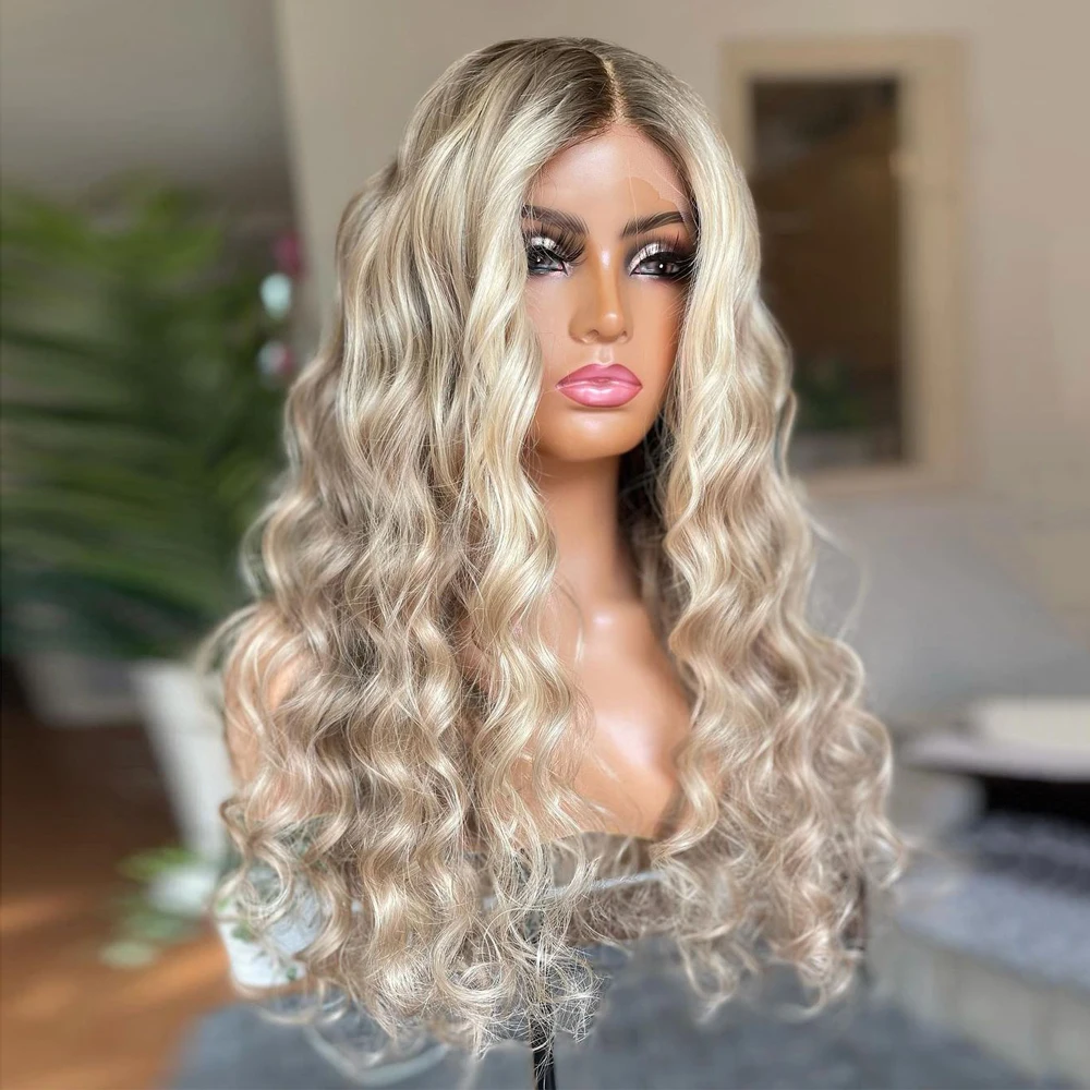 

28” Creamy Blonde Highlights Full Lace Wigs Roots Melting 100% Virgin Premium Human Hair Curly HD Invisible 13x6 Lace Front Wig