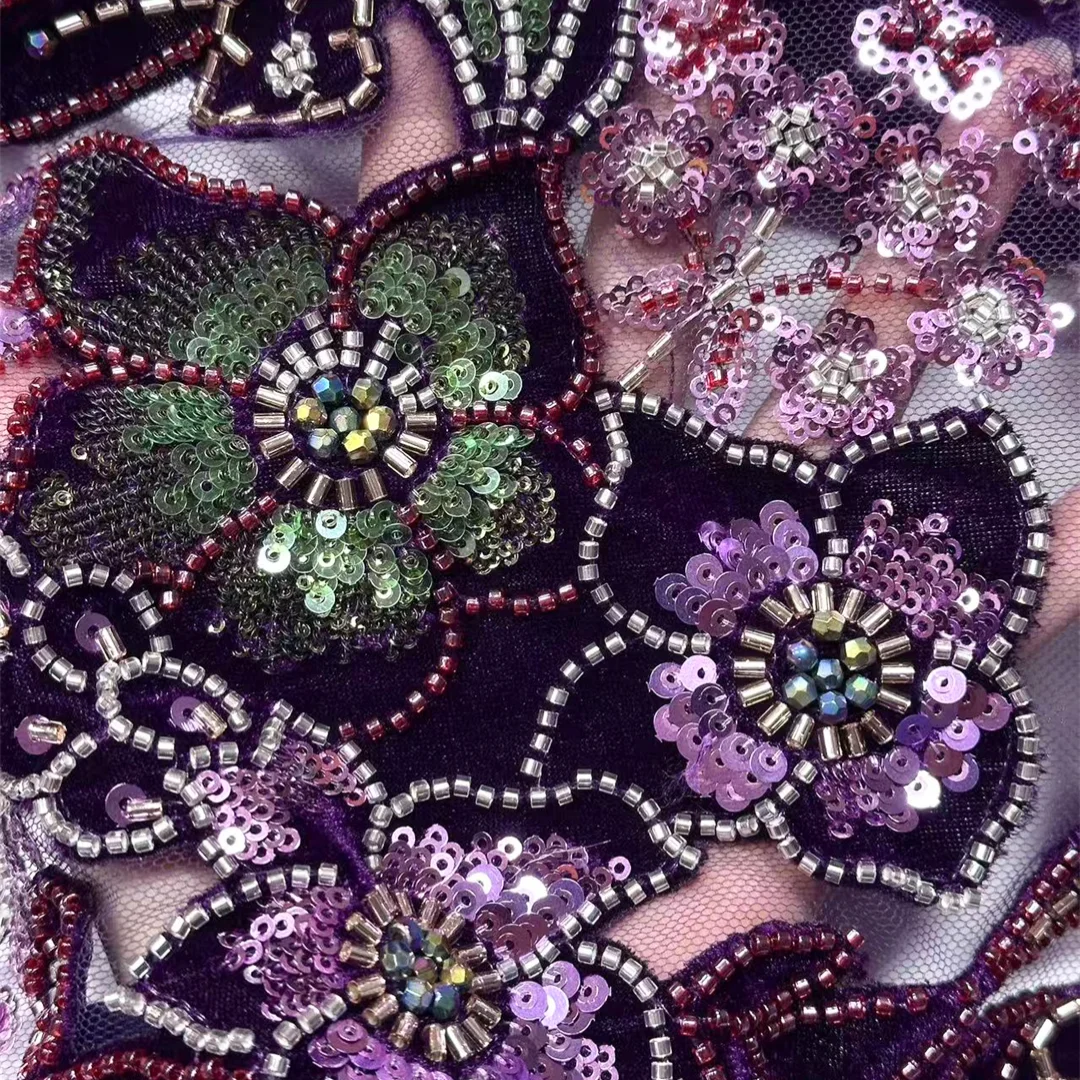 

purple African Velvet Lace Fabric for Women, Sequins Beaded Embroidery High Quality French Mesh Lace for Evening Party Dress