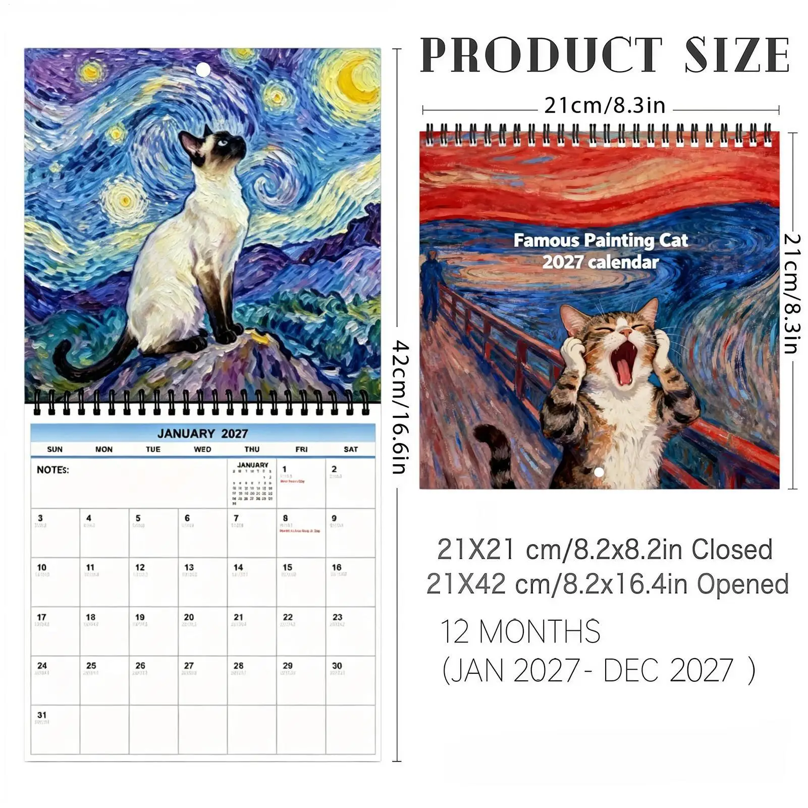 2027 World-Famous Paintings Calendar Screaming Cat Theme Wall Calendar, Cats in Famous Artworks for Personal Planning