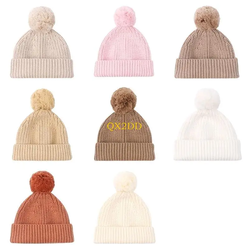 

QX2D Knitted Winter Warm Hat Baby Hat Cotton Elastic Crochet Hat with Pompoms