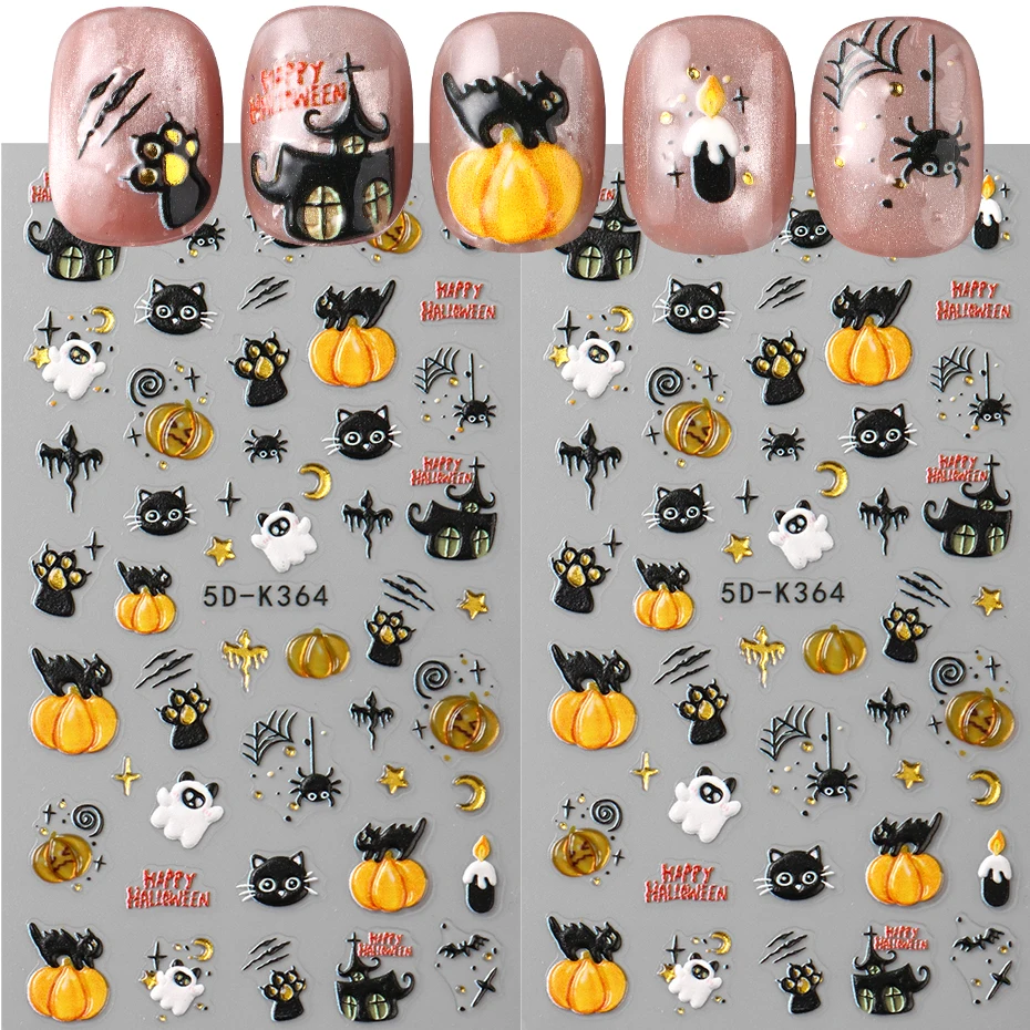 2PCS Black Cat Gold Pumpkin Nail Art Stickers Spider Web Cut Ghost Halloween Sliders Funny Design Horror DIY Manicure Decoration