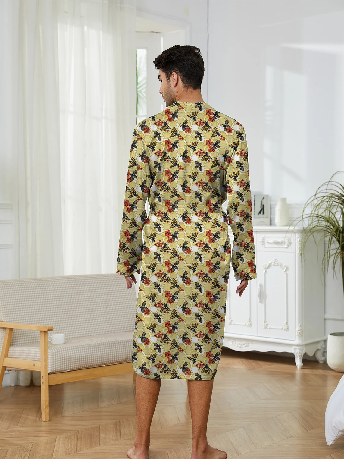 Spring and Autumn men's long robe casual home sleeping robe, fun long robe digital printing quick drying
