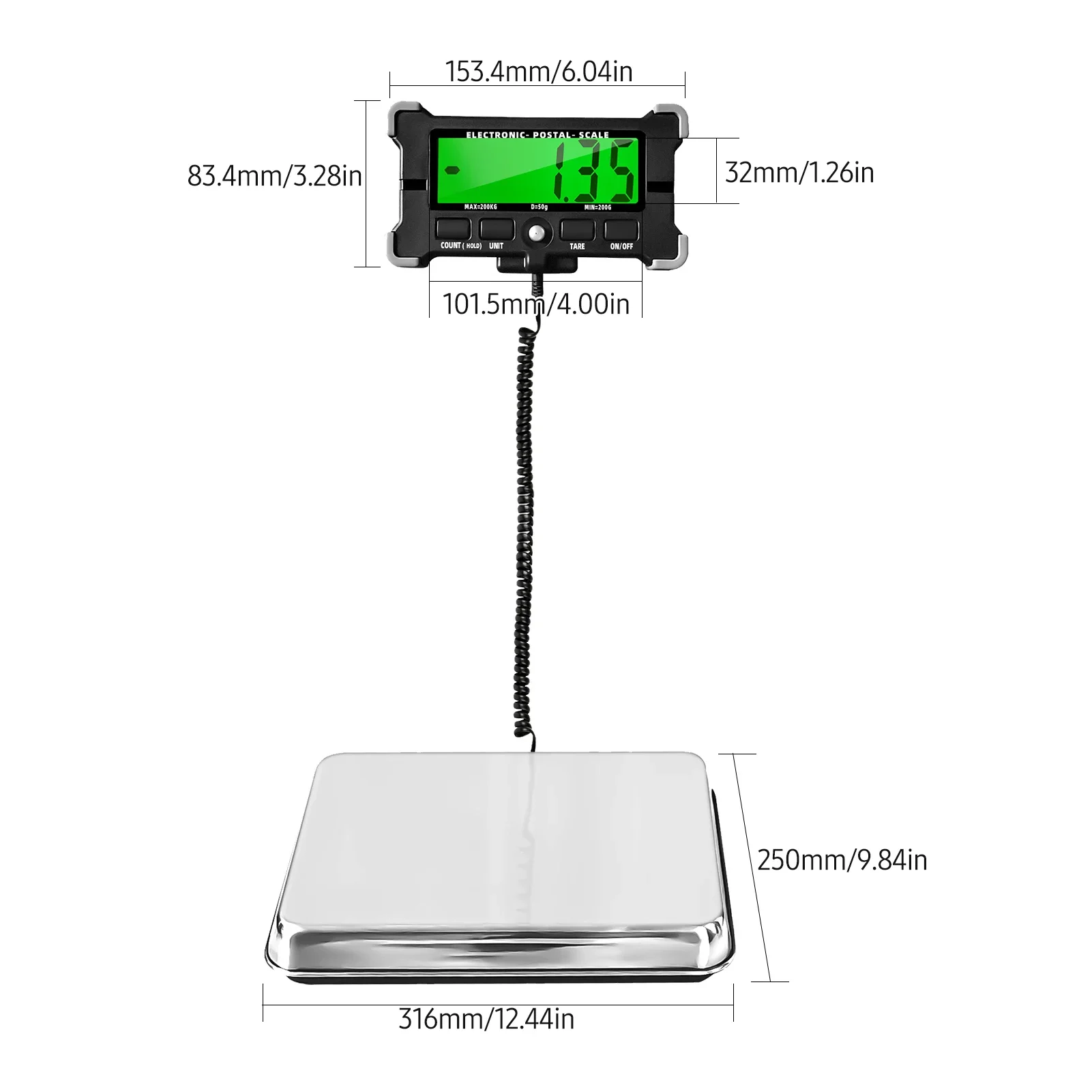 440 Lbs Electronic Postal Scale Precision Integrated Stainless Steel Digital Scale LCD Backlight Display Shipping Scale Tools