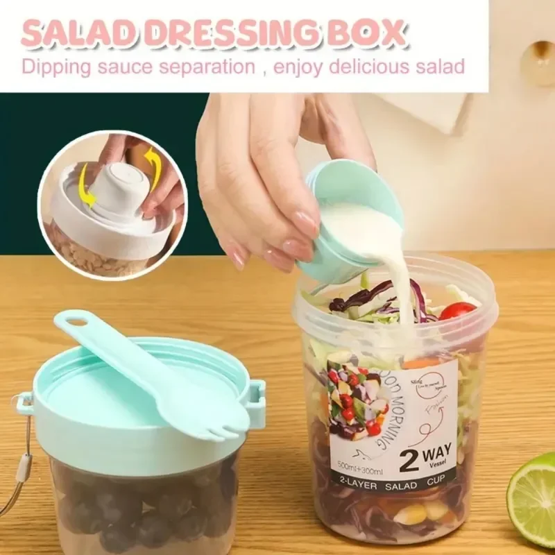 1PC 800ml Portable Salad Double Layer Cup with Spoon Fruits Oatmeal Yogurt Breakfast Lunch Box Food Storage Cup Travel Container