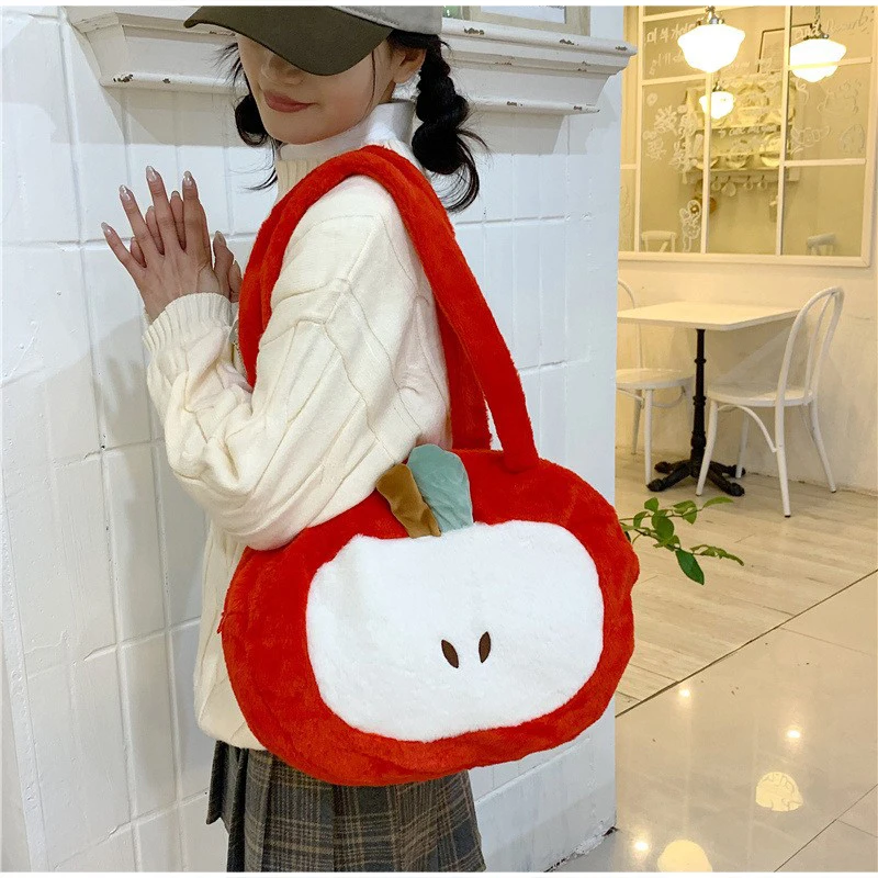 Rucksack und Umhängetasche, süße, niedliche, apfelförmige, leichte Kawaii-Handtasche aus Plüsch für Damen, Schultasche für Mädchen, Tagesrucksack – Detail 10