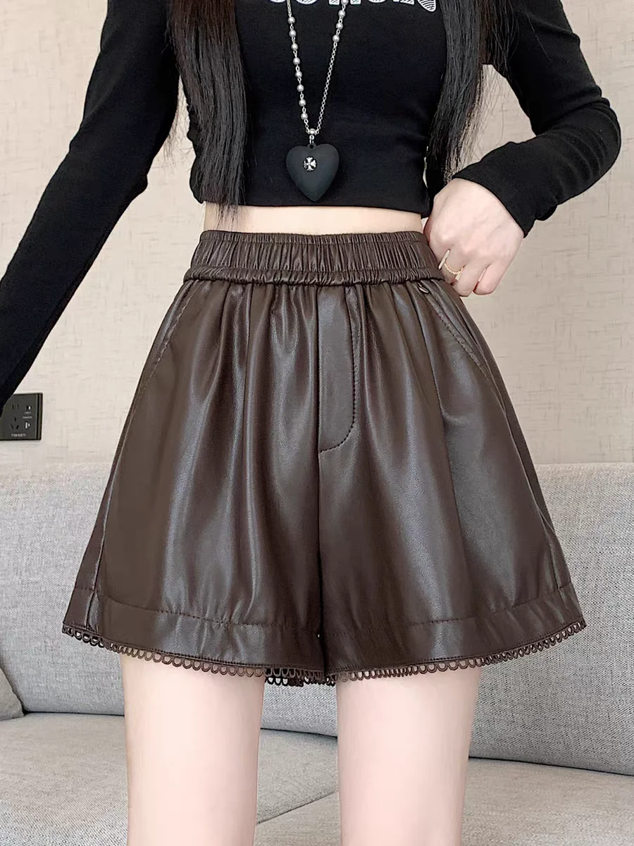 

Новые шорты из искусственной кожи осень-зима 2025: свободные расклешенные брюки трапециевидной формы с высокой талией для похудения для миниатюрных женщин