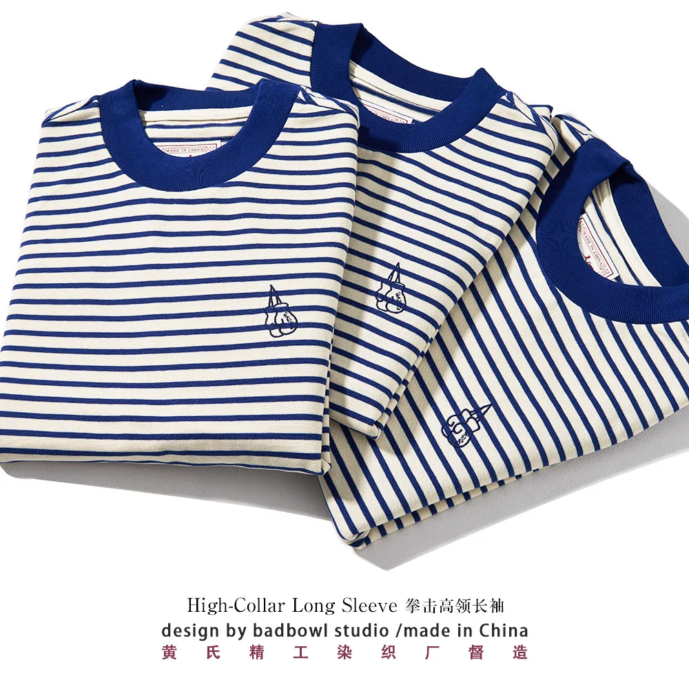 Small High Neck Long Sleeved Striped T-shirt for Men, Vintage Sea Spirit Shirt