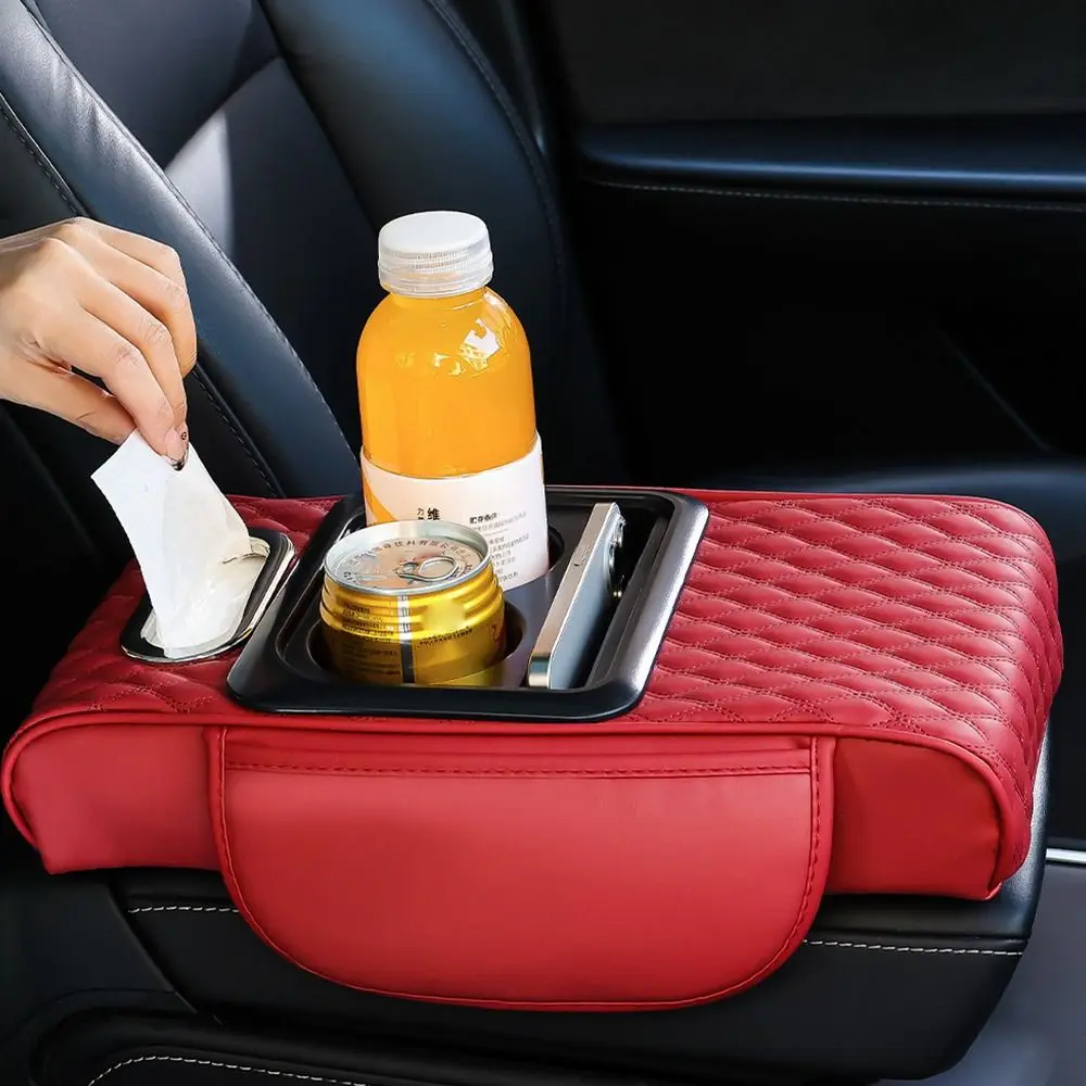Car Center Console Height Increasing Armrest Cushion Multifunctional PU Leather Armrest Pad with Cup Holder Tissue Box