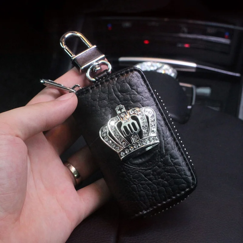 Crown Rhinestone Car Keychain Cover Storage Case Key Chain Key Case Wallet Bling Auto Decor Car Accessories For Woman Girls