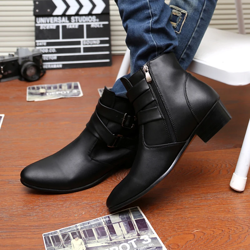 HKDQ Fashion White High Heel Boots For Men Trendy High Top Pointed Toe Men\'s Leather Shoes Hasp Zip Comfortable Man Ankle Boots