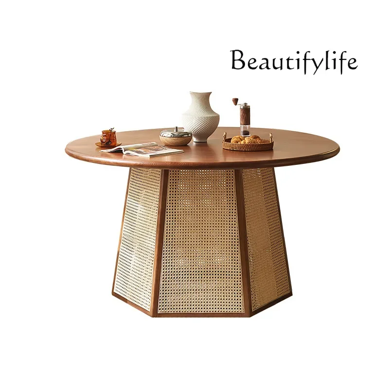 

Nordic rattan solid wood antique dining table and chair combination Japanese household round dining table