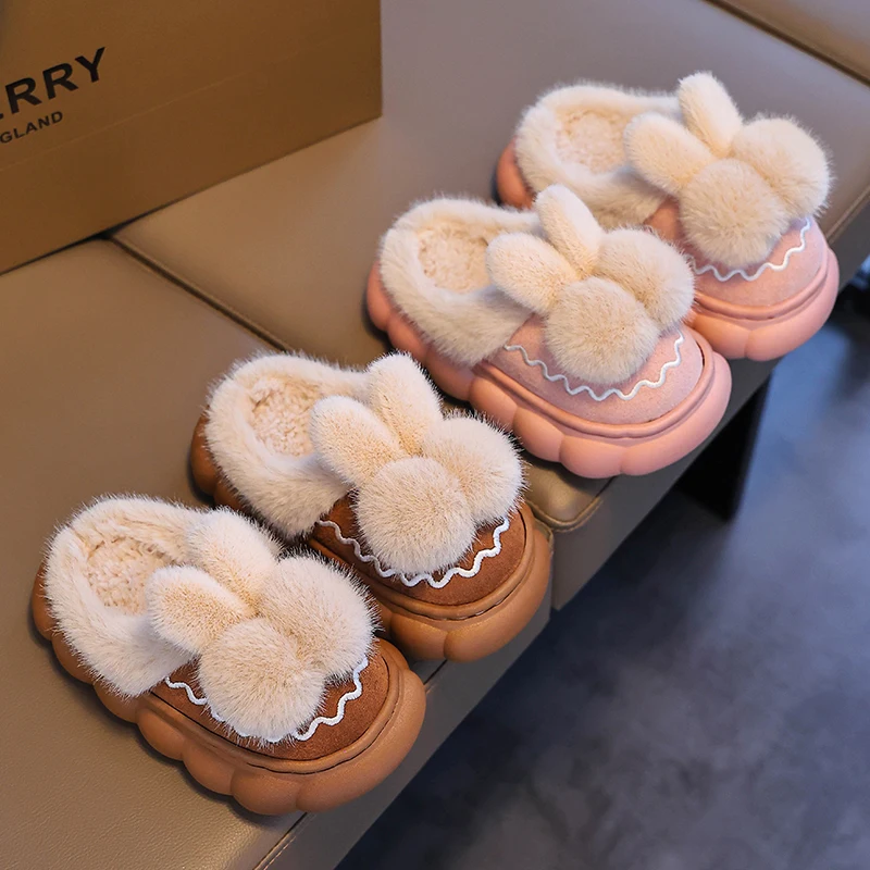 2024 New Winter Cute Hairball Children\'s Waterproof Warm Non-slip Fluffy Slippers For Girls Boys Kids Indoor Home Cotton Shoes