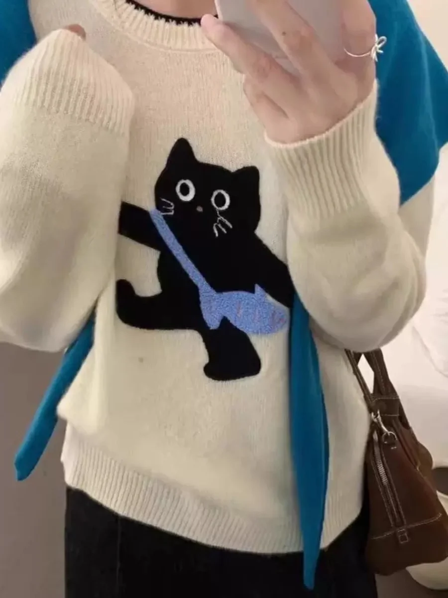 かわいい猫プリントセーター女性の秋冬ソフトニットプルオーバー多用途カジュアル暖かいベースレイヤートップ漫画ジャカードニットウェア