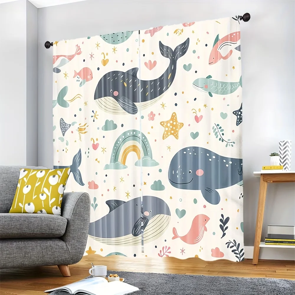 2PCS Digital Printed Curtains, Whale Rainbow Ocean Fantasy Marine, Window Treatments for Living Room Bedroom Kitchen Home Decor