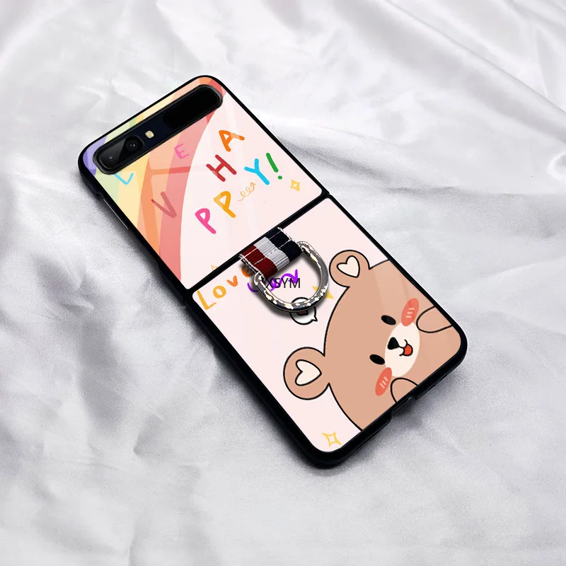 PC+Glass Bear Painted Case for Samsung Galaxy Z Flip Case Z Flip Sakura Girl with Ring Buckle Glass Shockproof Case Z Flip 5G