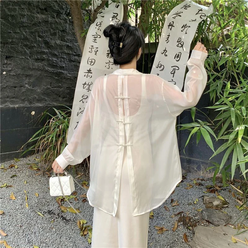 Off White Sun Protection Shirt Women Summer Fashion Casual Chic Thin Office Ladies Top Korean Elegant Turn Down Collar Blouse