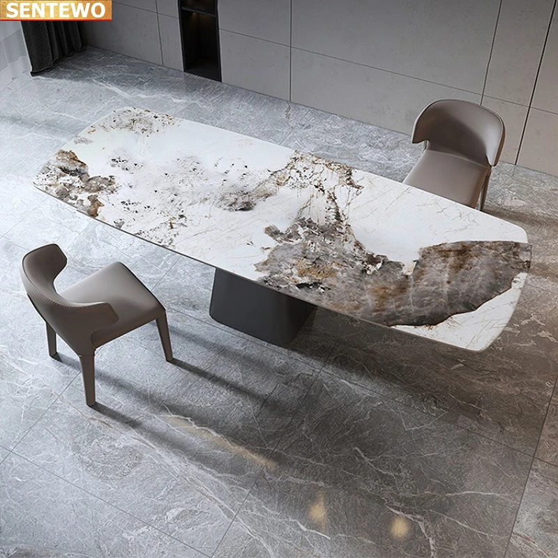 Luxury Marble Rock Slab dining table set 4 chairs mesa de jantar comedor a manger sillas tisch tavolo esstisch Carbon steel base