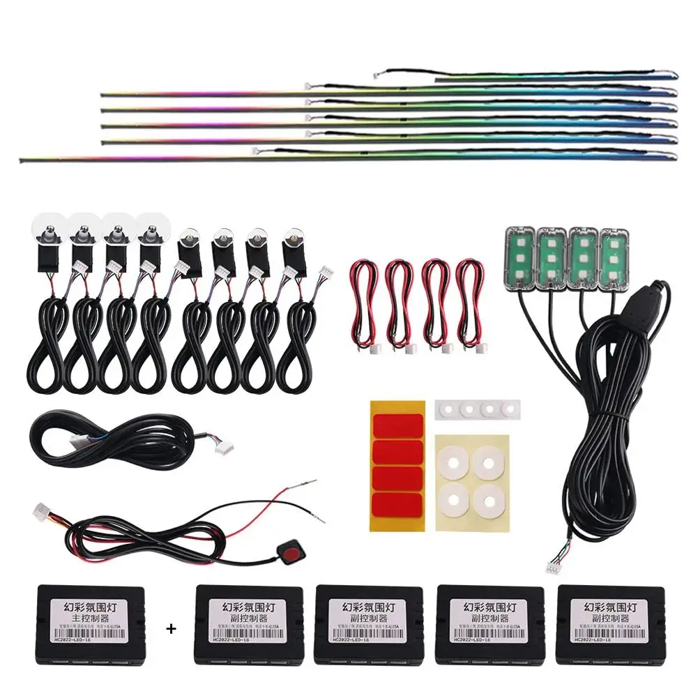 18 في 1 سيمفوني أضواء السيارة المحيطة LED RGB 64 ألوان الشريط عدة النيون جو ملصق قطاع الملحقات المخفية الداخلية La B3W4