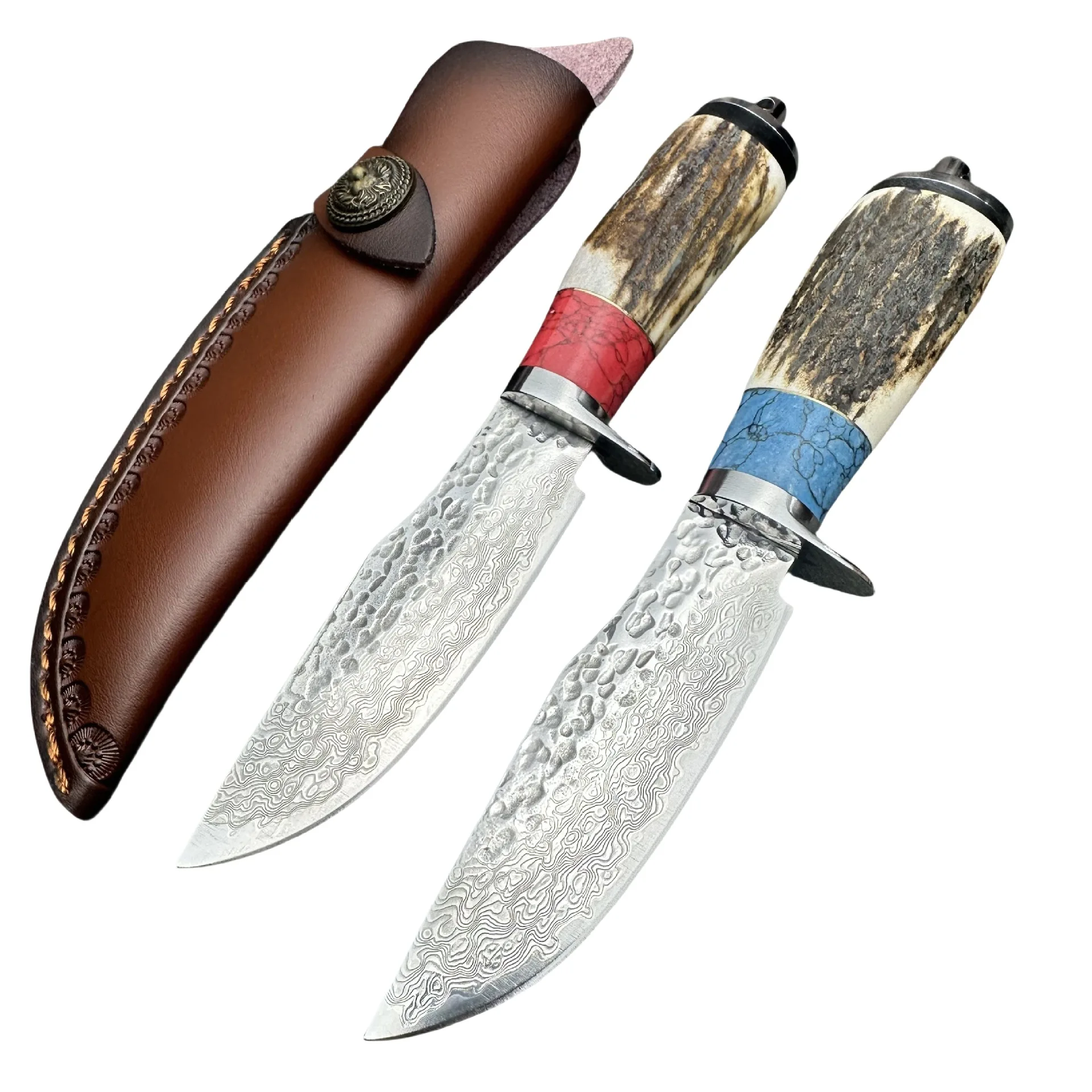 Handcrafted Outdoor Fixed Blade, Patterned Damascus over VG10, Real Antler Grip with Full-Grain Leather Sheath for Camping