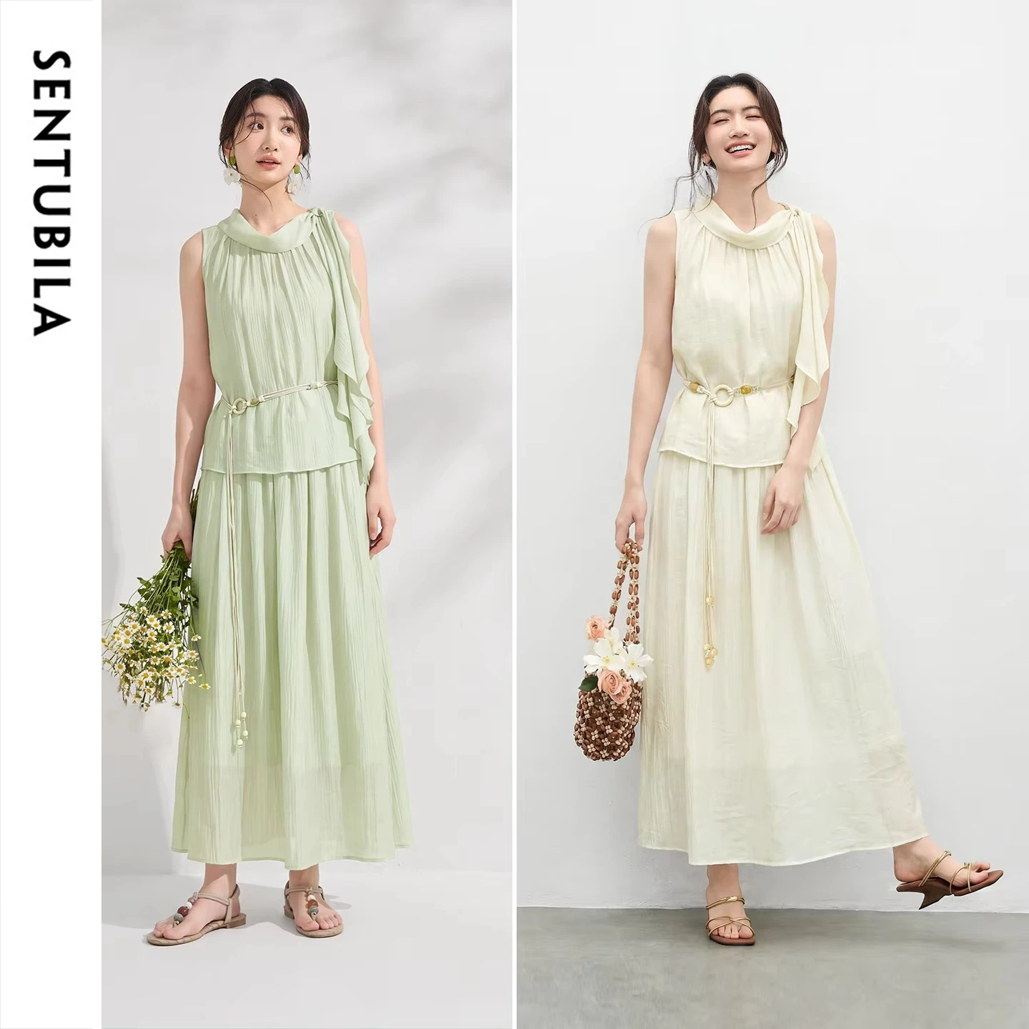 SENTUBILA Summer 2 Piece Women's Skirt Set 2026 Elegant Outfits Ruffled Sash Blouse A-line Midi Skirt Female Clothing W62ZK7537