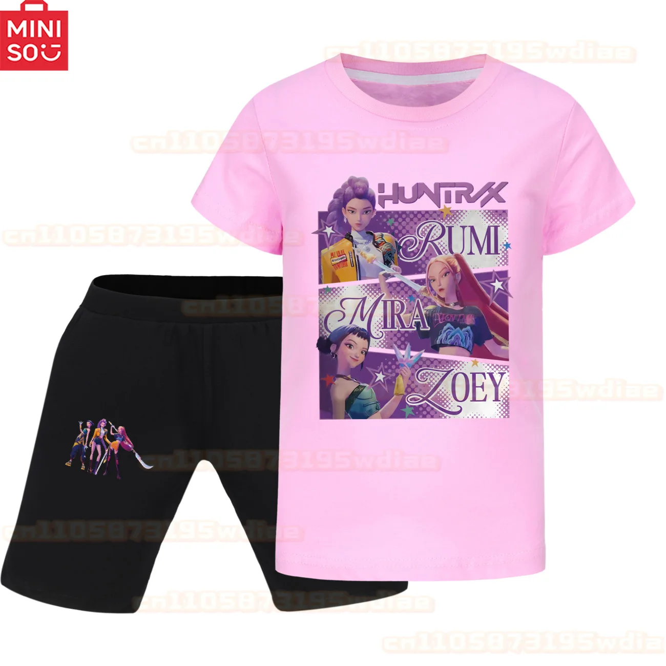 

MINISO Kpop Demon Hunters Summer Kids Clothes Boys Cotton Tees Suit rumi mira Baby Girls Short Sleeve T Shirt + Pants 2pcs Set