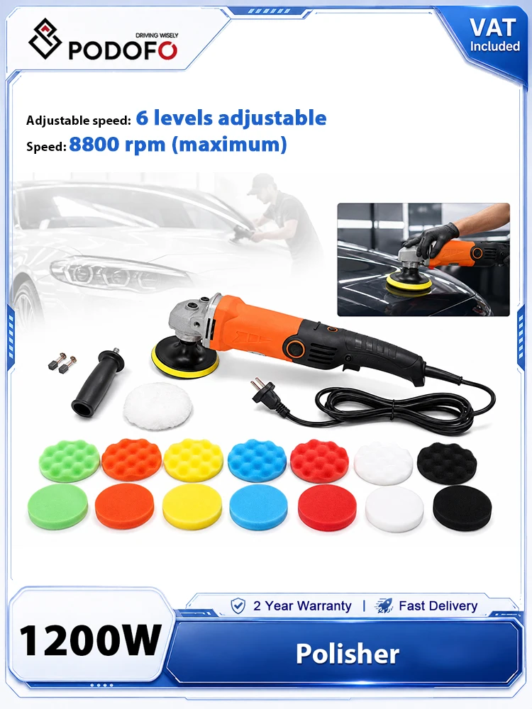 Podofo 1200W Autopolierer, rotierende Poliermaschine, 8800 U/min, 6-Gang-Variable-Geschwindigkeits-Polierer-Set mit 14 Schwammpads und Wollrad für Autopflege, Lackentfernung, Kratzerreparatur,