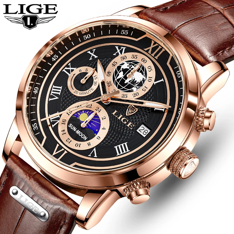 2023 New Mens Watches LIGE Top Brand Leather Chronograph Waterproof Sport Automatic Date Quartz Watch For Men Relogio Masculino