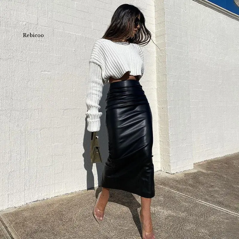 

Women Autumn Sexy High Waist Bodycon Skirt Fashion Adults Slim-fit Solid Color Slit Leather Long Skirt Black