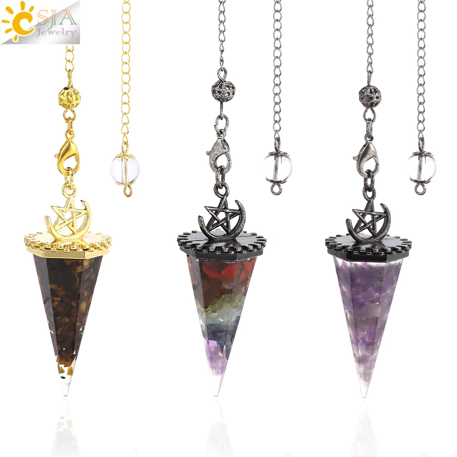 Esotéricos-Pêndulo De Pedra Natural Para Adivinhação, Pêndulos De Resina De Cristal, Pêndulo De 7 Chakras, Lua Crescente E Estrela, Chip Aquamarine, H369