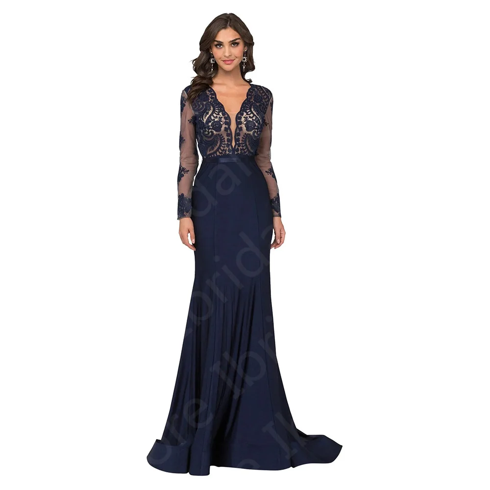 

New Classic Mother Gowns for Women Navy Blue Mermaid Mother of the Bride Dress Lace Long Sleeve Wedding Guest Gowns 2024 On Sale