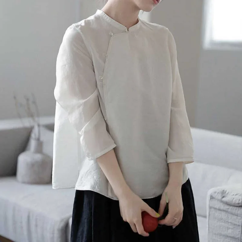 

Белый легкий женский топ с косым воротником, новая рубашка в китайском стиле, весна-лето, модная простая