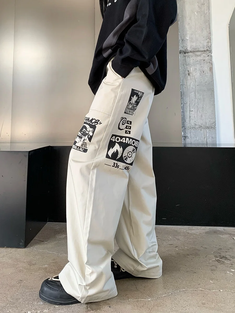 American Retro Hip Hop fiti Print Loose Straight Leg Workwear Pants Casual Jeans for Men And Women Street Sle