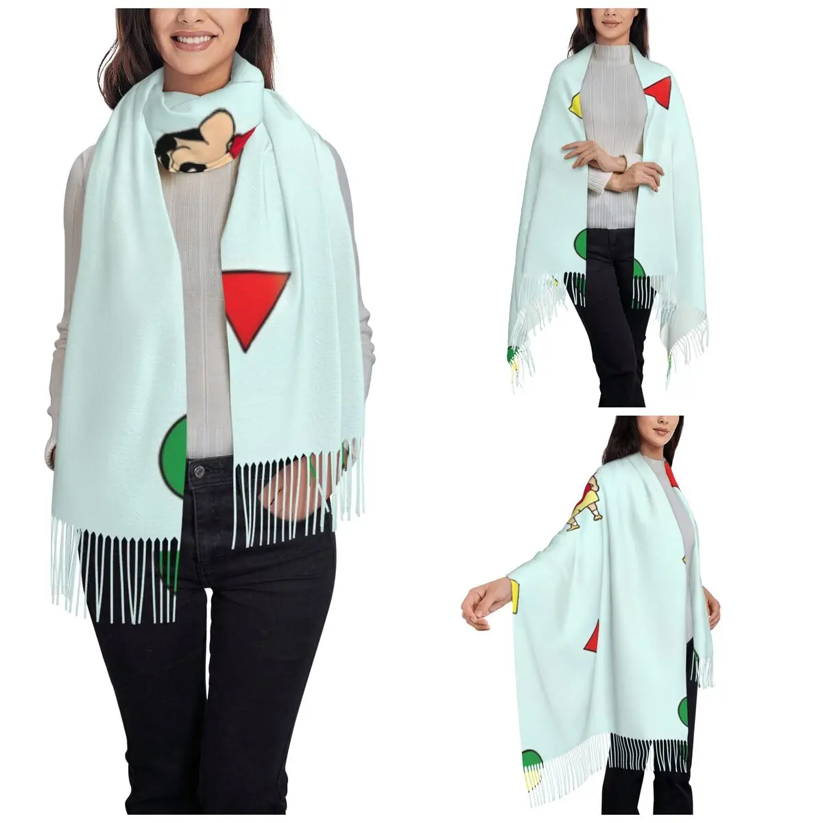 Women's Tassel Scarf Crayon Shin-chan Cute Bedgown Large Super Soft Shawl and Wrap Japanese Anime Gifts Cashmere Scarf