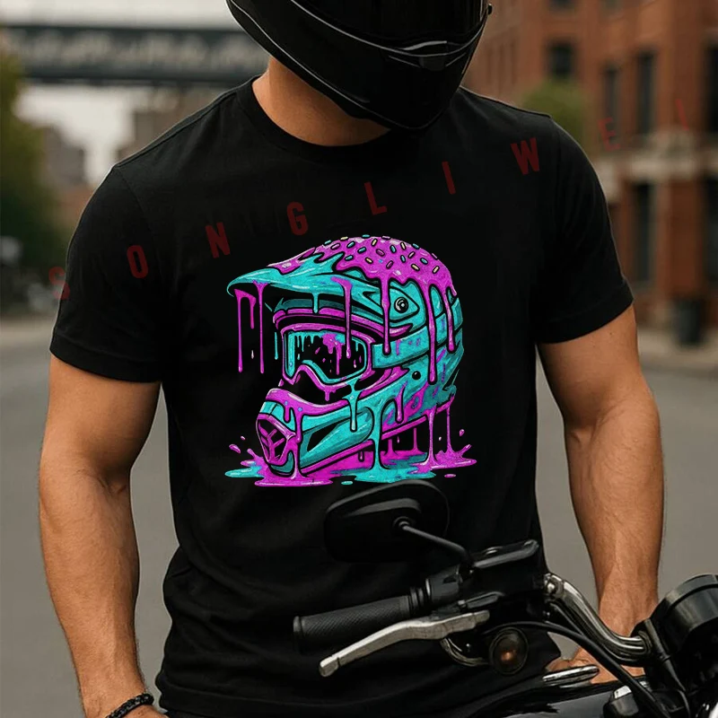 

Drip Melt Motocross Helmet Graphic Men's T-shirt Summer Cotton Short Sleeved Casual TShirt O-Neck Unisex Tops