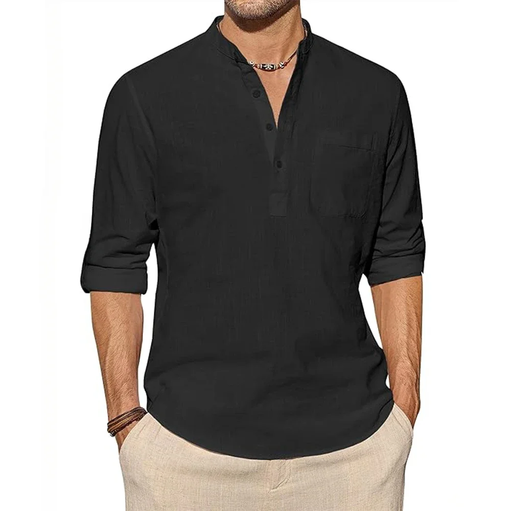 Men\'s Cotton Linen Shirts Long Sleeve Tops Casual Breathable Solid Shirts Stand Collar T-Shirt with Pocket Men Trendy Streetwear