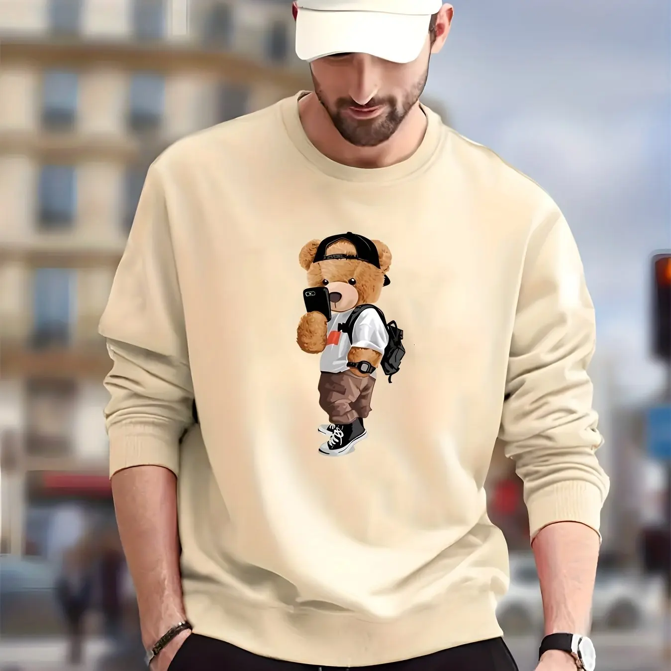 Men's Stylish Teddy Bear Print Sweatshirt - Casual Graphic Design Crew Neck Pullover for Autumn/Winter