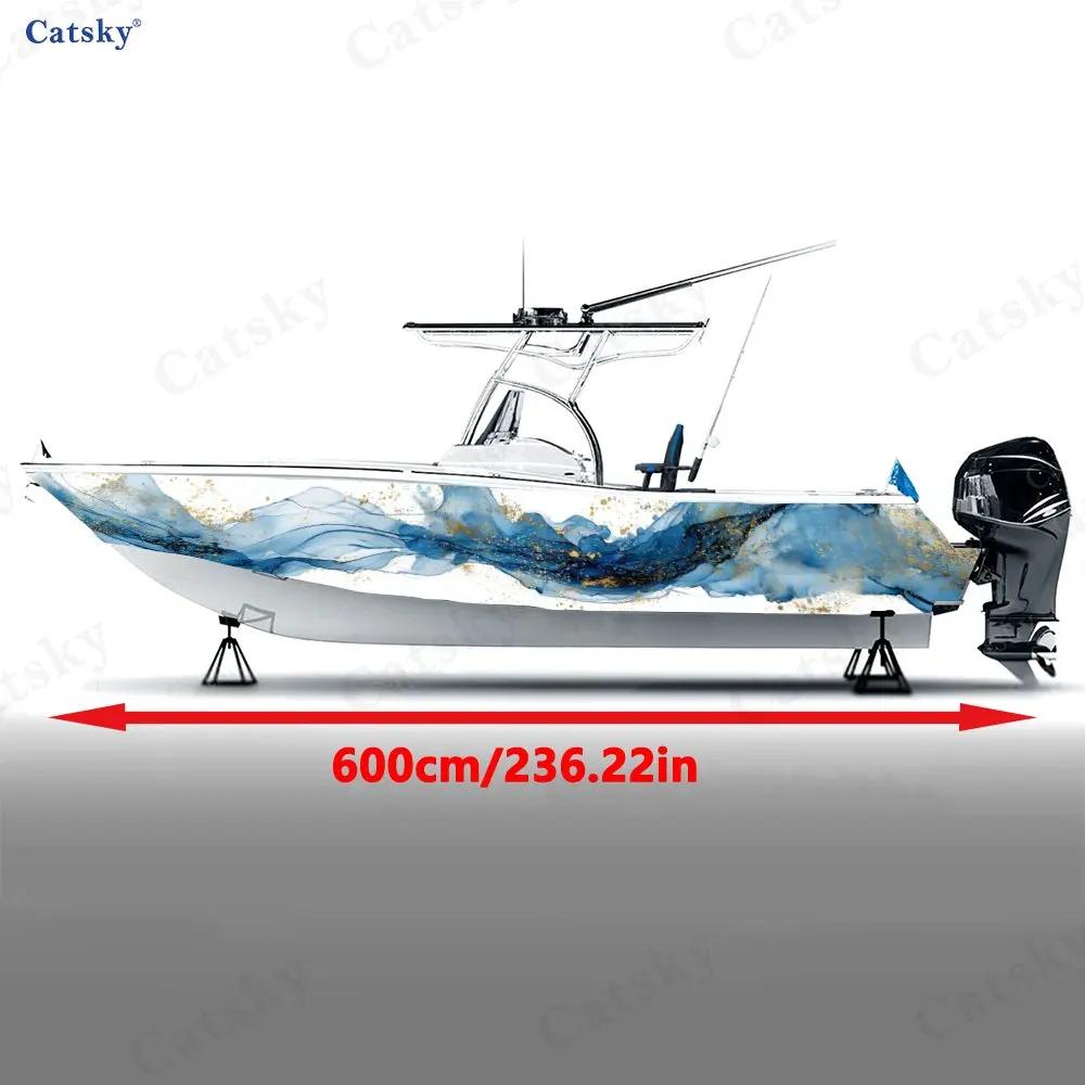 Luxury Gold Foil Blue Fluid Boat Sticker, PVC Waterproof Durable Vinyl Wrap Decals for Fishing Boats, Durable and Stylish Design