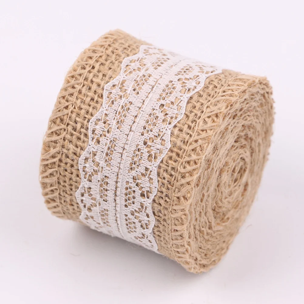 

5x200cm Wedding Decorative Burlap Fabric Ribbons Jute Roll with Lace for Craft Gift DIY Projects (B)