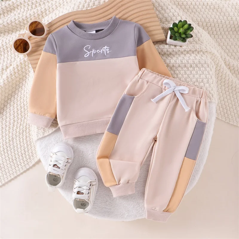 

Suefunskry Girls Boys Fashion 2Pcs Outfit, Contrast Color Long Sleeve Embroidery Letter Sweatshirt and Sweatpants Fall Set