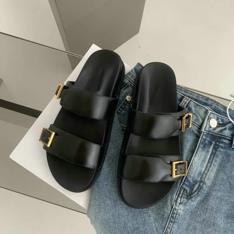 Leather flip-flops women shopping for a ride every platform slippers Velcro metal buckle leather sandals